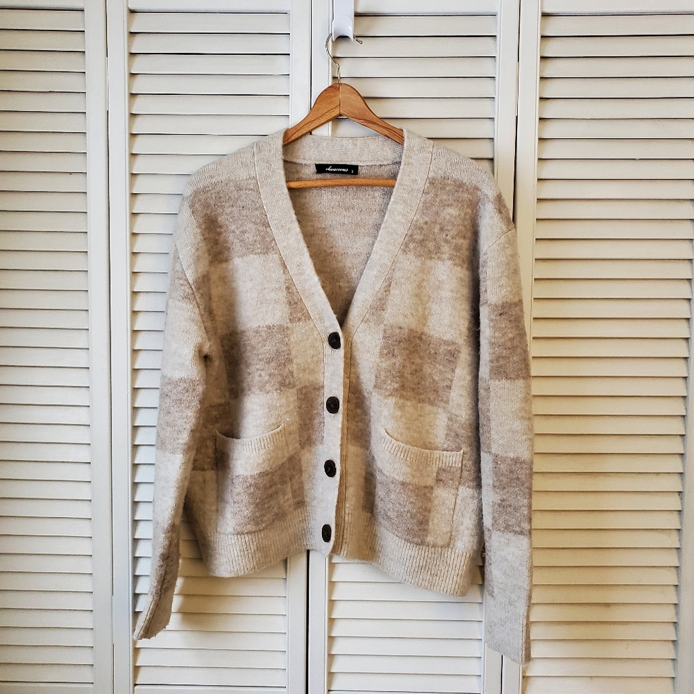 Olivaceous Oversize Tan Neutral Checkered Button Front Cardigan Women's S